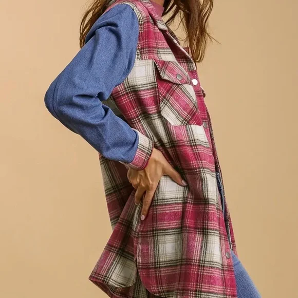New UMGEE Plaid Flannel Fringe Shacket Magenta Pink Snap Up Denim Sleeves - Picture 3 of 13